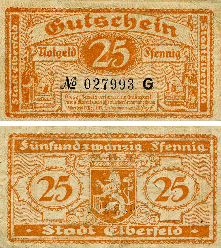 Коллекционная банкнота Германия Нотгельд 25 пфеннигов 1919 F-VF Эльберфельд G (Б18525)