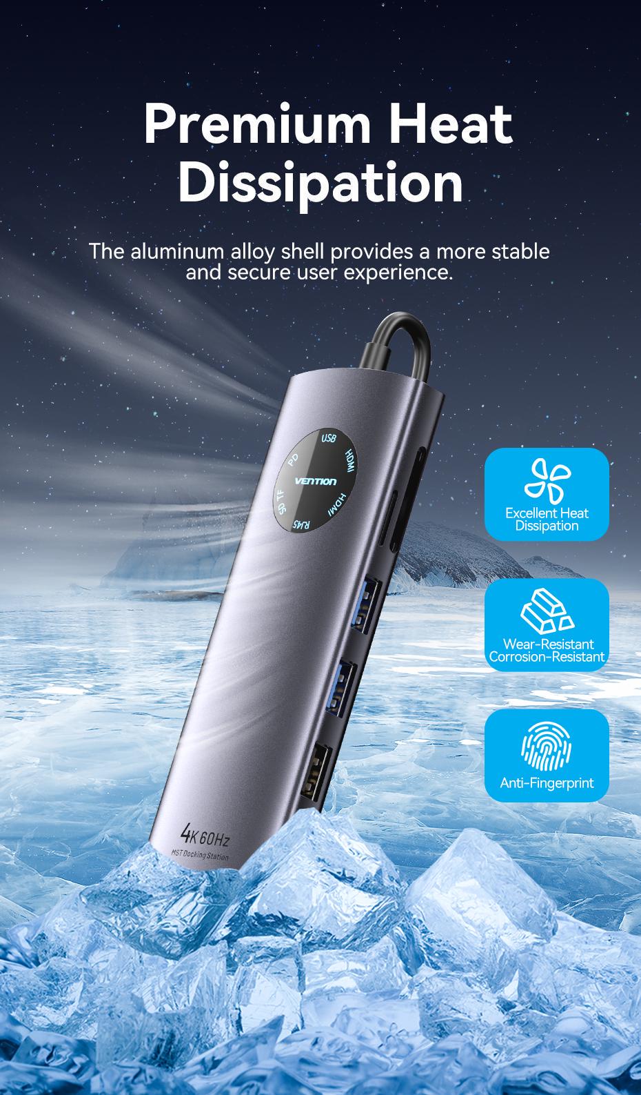 Док-станція Vention USB-C MST 2xHDMI 4K 60Hz PD 100W Gigabit Ethernet USB 3.0 SD/TF 0.15 м Сірий (TQVHB) - фото 15