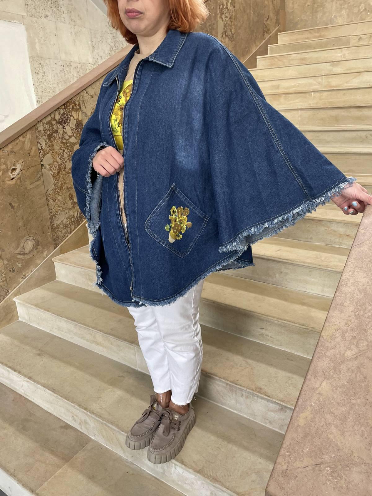 Куртка жіноча джинсова з художнім принтом Соняхи ХХL (00183)