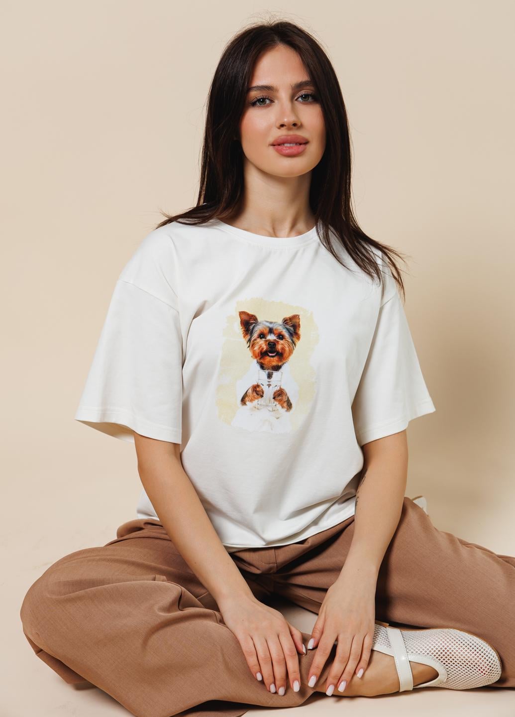 Футболка женская хлопковая oversize с принтом Giulia URBAN PAWS 4826/010 S Multicolor-milk/yorkshire terrier print (2001108224549)