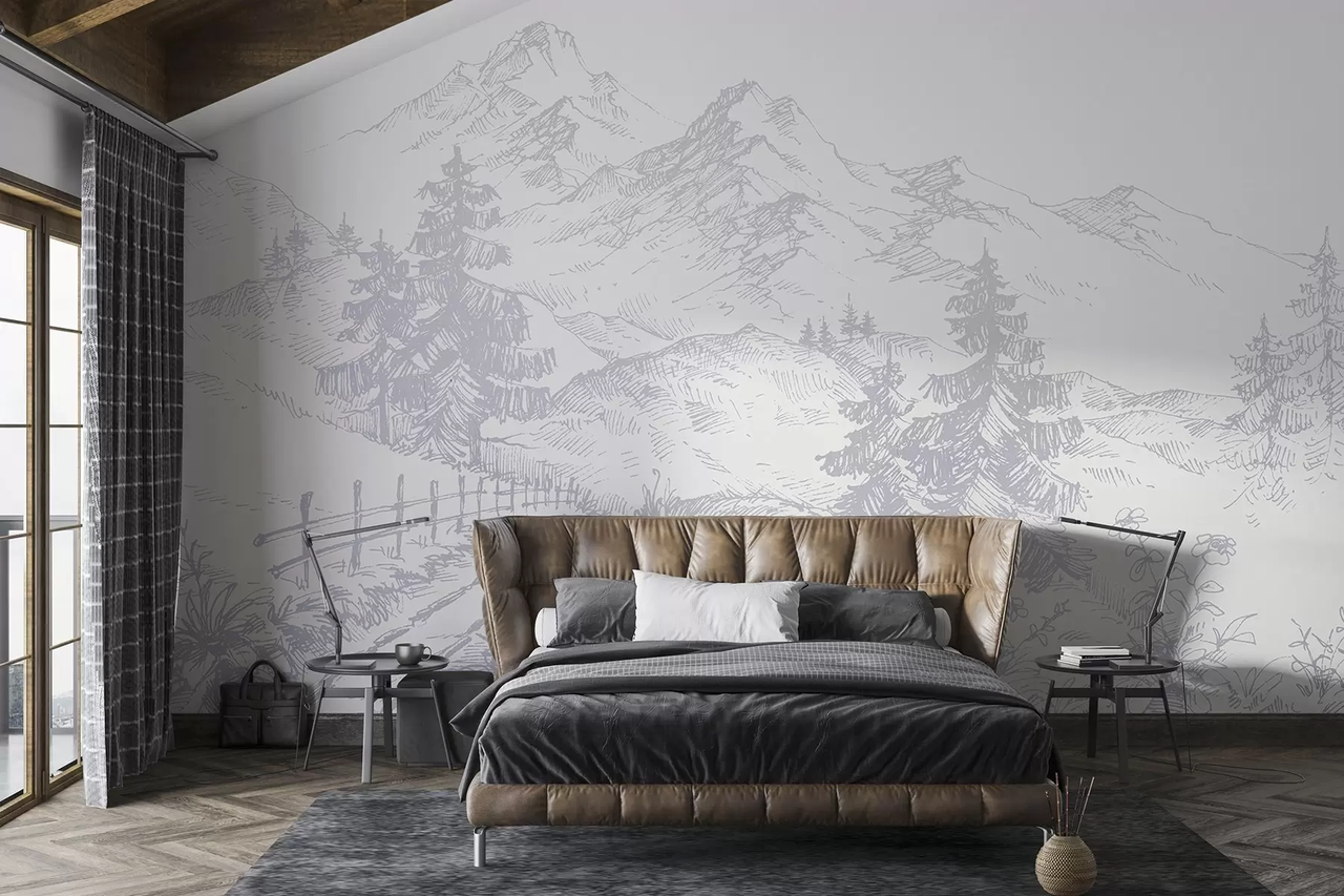 Фотообои флизелиновые Styleo Гравюра горный пейзаж u99572v2 400х250 см Серый