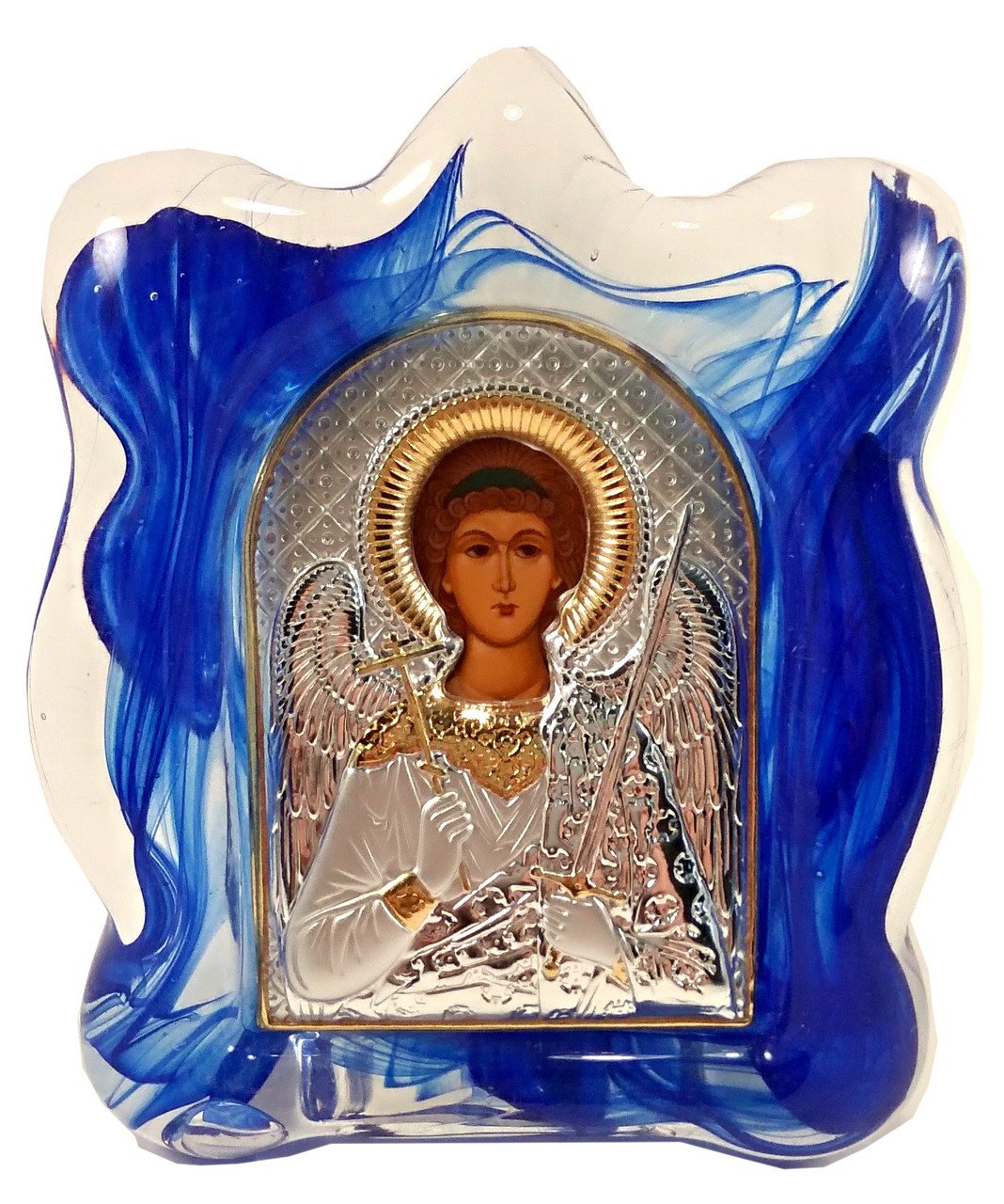 Ікона cрібна Ангел Охоронець в синьому муранському склі 7х9 см