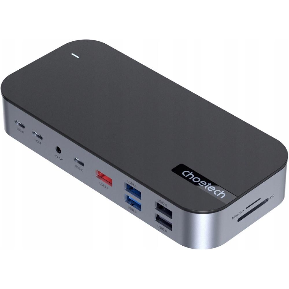 Док-станция USB-хаб Choetech USB 3.1 to VGA 2xType-C SD 2xHDMI DisplayPort 3,5 мм 3xUSB-A3.0 RJ45 2xUSB2.0 15в1 Grey (HUB-M52-GY)