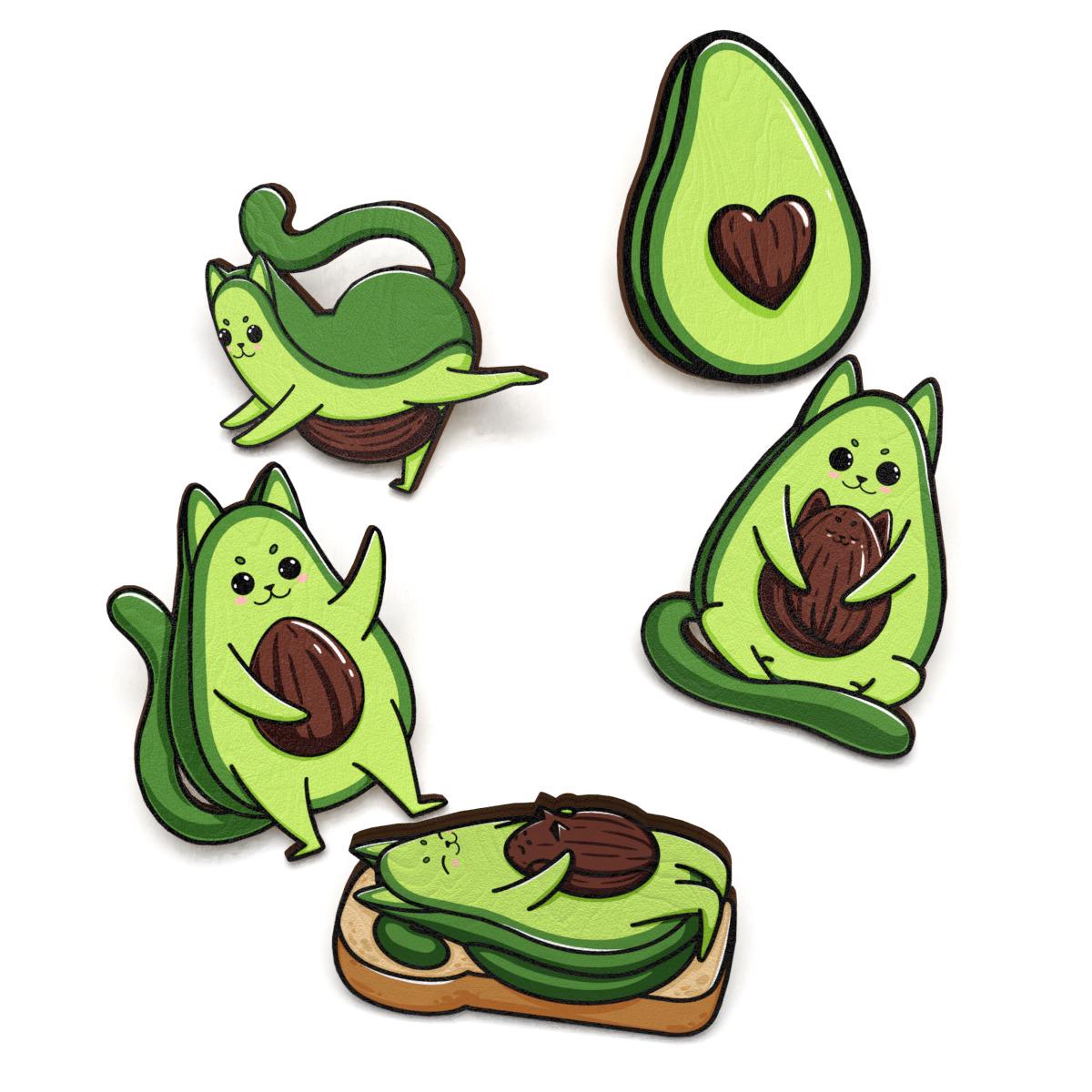 Набор значков Lex Altern Милый авокадо котик из дерева 5 шт. - фото 1 Набор значков Lex Altern Милый авокадо котик из дерева 5 шт. - фото 1