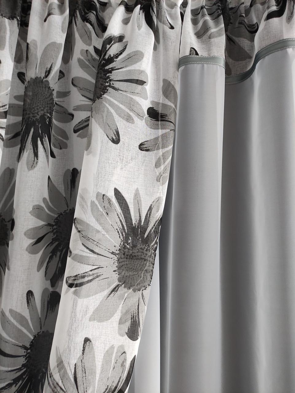 Комплект на кухонное окно Ромашка шифон и батист с цветами 290х190 см Белый/Серый (ромашка-01) - фото 5 Комплект на кухонное окно Ромашка шифон и батист с цветами 290х190 см Белый/Серый (ромашка-01) - фото 5