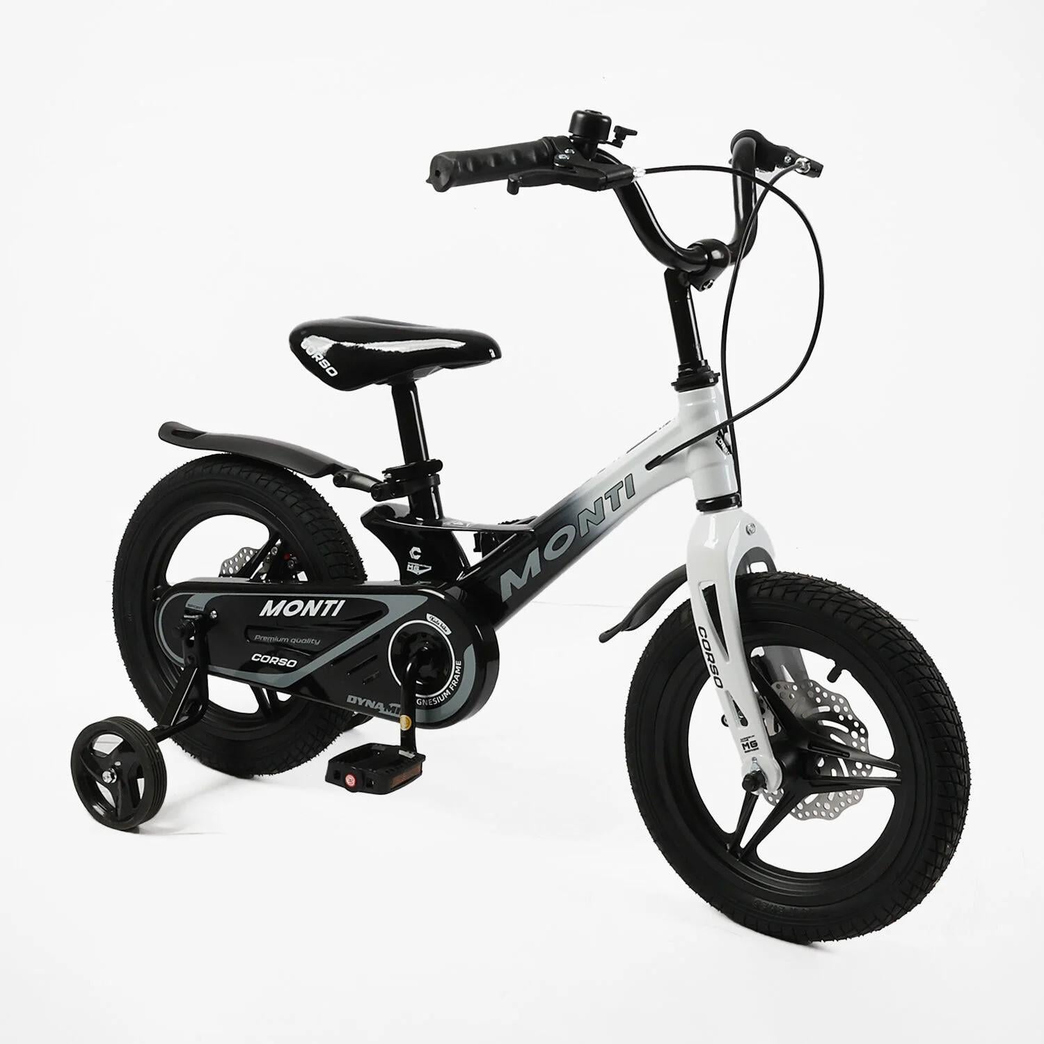 Детский велосипед Corso Monti двухколесный 14" с дополнительными колесами Черно-белый (MT-16253)