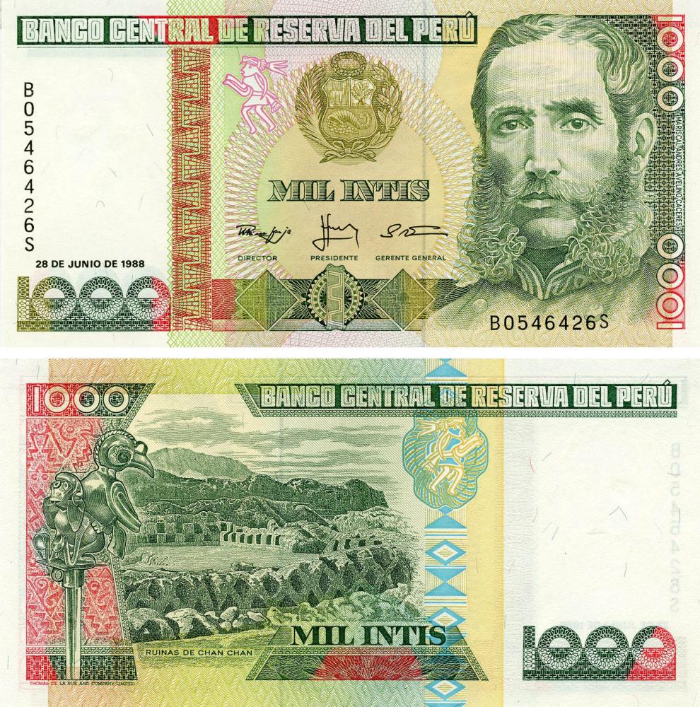 Коллекционная банкнота Перу 1000 инти 1988 UNC Руины Чан-Чана P136 (Б13272)