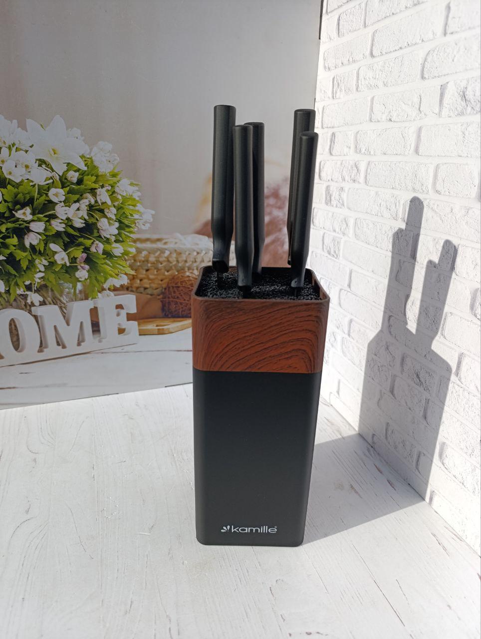 Набор кухонных ножей Kamille KM-7615 на подставке 6 пр. Черный (KM-7615)