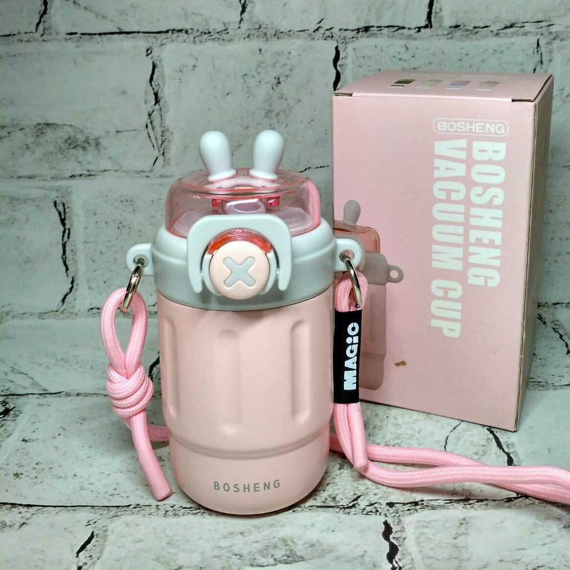 Термостакан с трубочкой Зайчик термочашка для кофе 14х7х6,5 см 300 мл Розовый с голубым (1893-3)