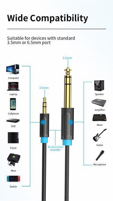 Кабель Vention 6.5 мм Jack-3.5 мм minijack HiFi стерео AUX на 6.35 мм TRS 3 м Чорний (BABBI) - фото 10 Кабель Vention 6.5 мм Jack-3.5 мм minijack HiFi стерео AUX на 6.35 мм TRS 3 м Чорний (BABBI) - фото 10