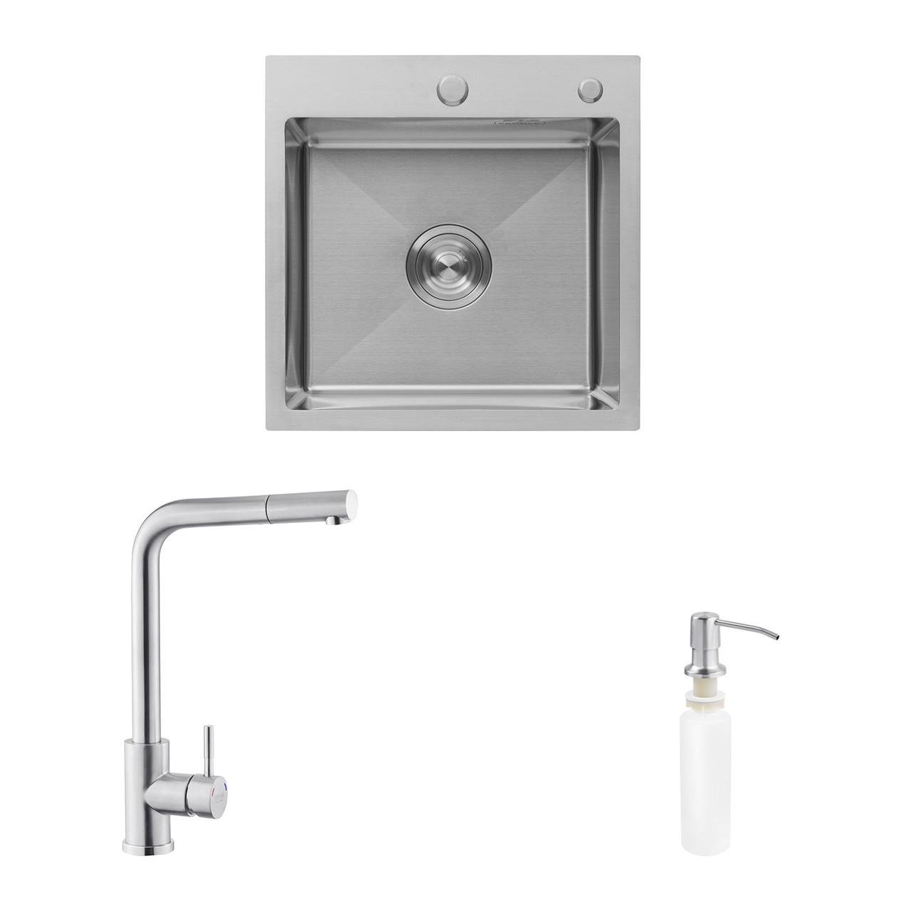 Комплект кухонная мойка Kroner Gebürstet-5050HM/смеситель Edelstahl Klassisch-ESG03917/дозатор Spender-016 (2669564675)