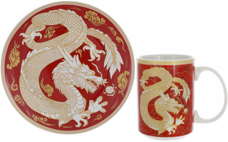 Набор чайный фарфоровый Дракон золотой на красной кружке 500 мл/тарелка Ø20 см (BD-K020)