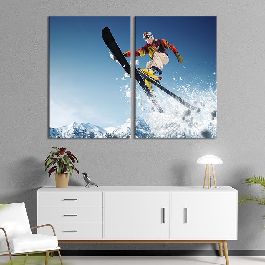 Настенный декор диптих картина на холсте для интерьера Лыжник в прыжке 165x122 см (493-2)