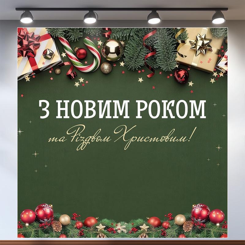Баннер праздничный "З Новим роком та Різдвом Христовим!" с елочными украшениями 160x160 см №46021