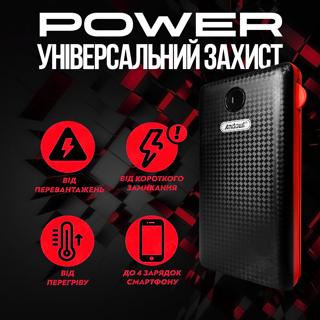 Повербанк AndoWl Q-T70Х1 20000 mah з кабелями Micro USB/Type C/Lightning для роутера/телефону Чорно-червоний (71) - фото 2