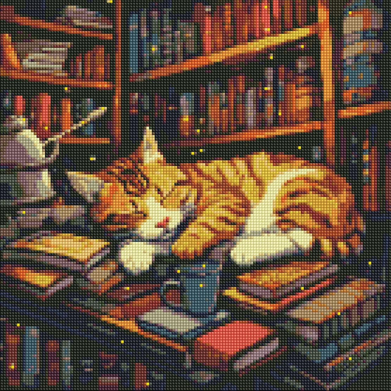 Алмазна мозаїка/вишивка Ideyka Пухнастий котик книголюб з голограмними стразами 40х40 см (AMO 7648)