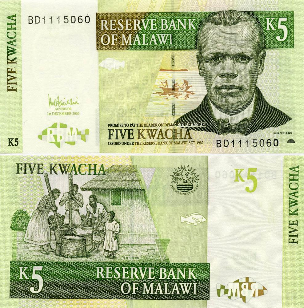Коллекционная банкнота Малави 5 квача 2005 UNC P36c (Б11161)