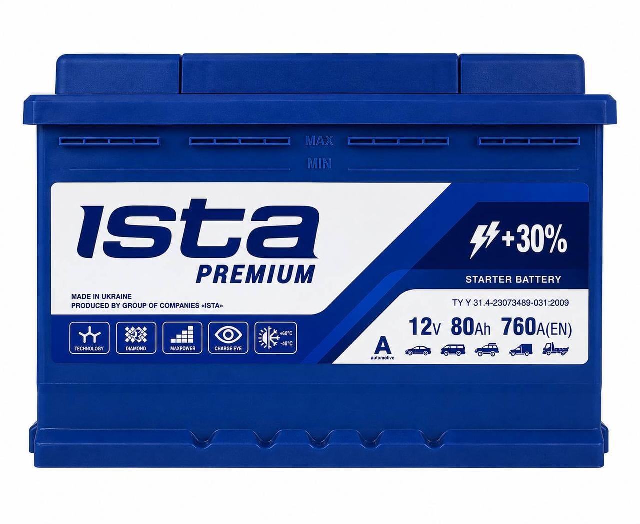 Акумулятор автомобільний Ista Premium 80 Ah 760A R+ 12V (3178360544) Акумулятор автомобільний Ista Premium 80 Ah 760A R+ 12V (3178360544)