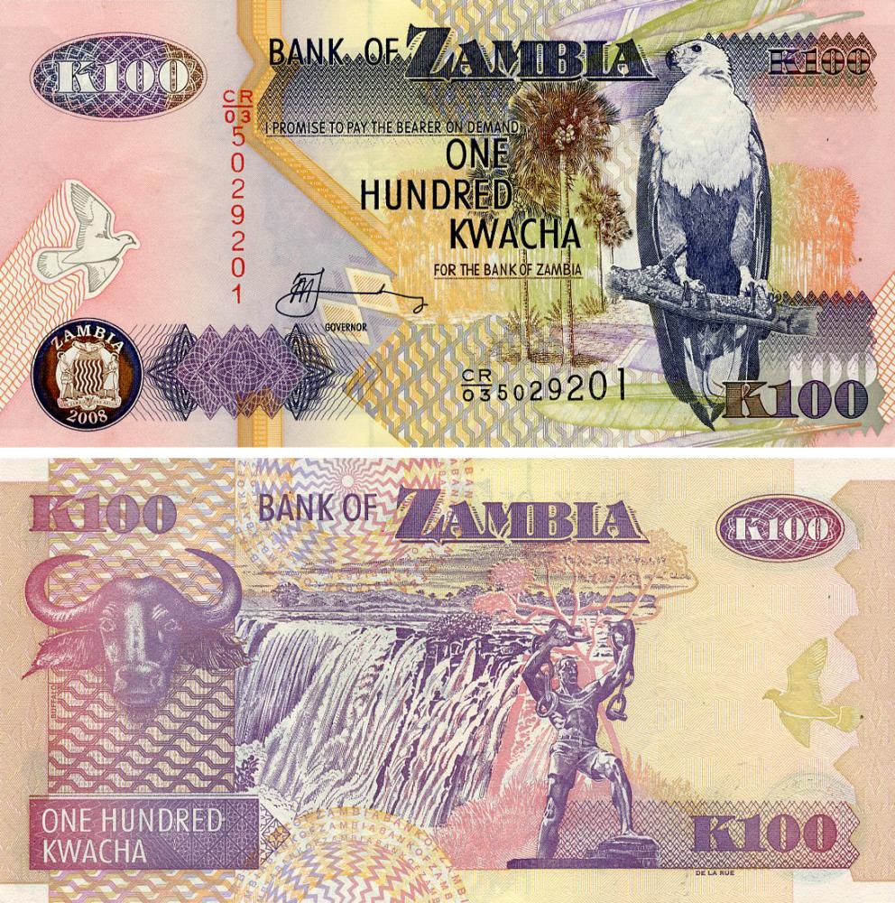 Коллекционная банкнота Замбия 100 квача 2008 UNC Буйвол (P38g)