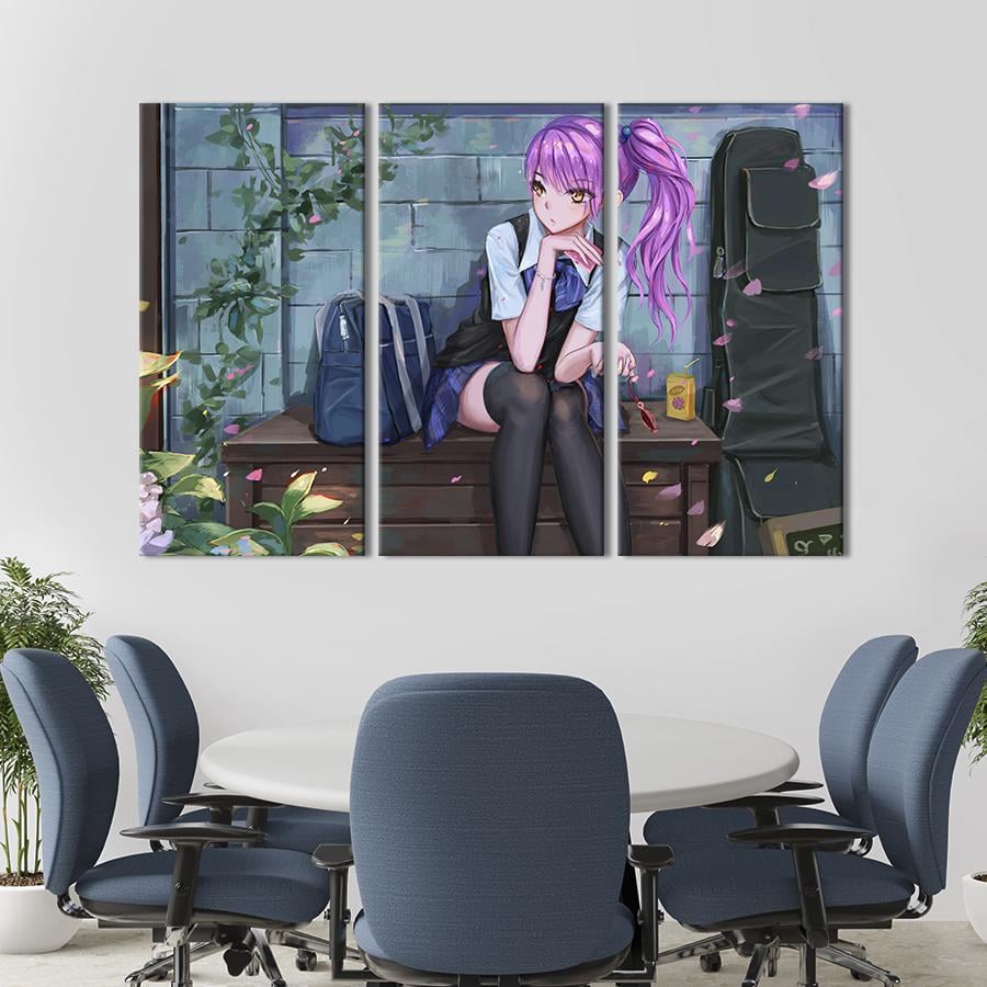 Картина на холсте триптих Аниме-девушка с рюкзаком 128x81 см (1466-31)