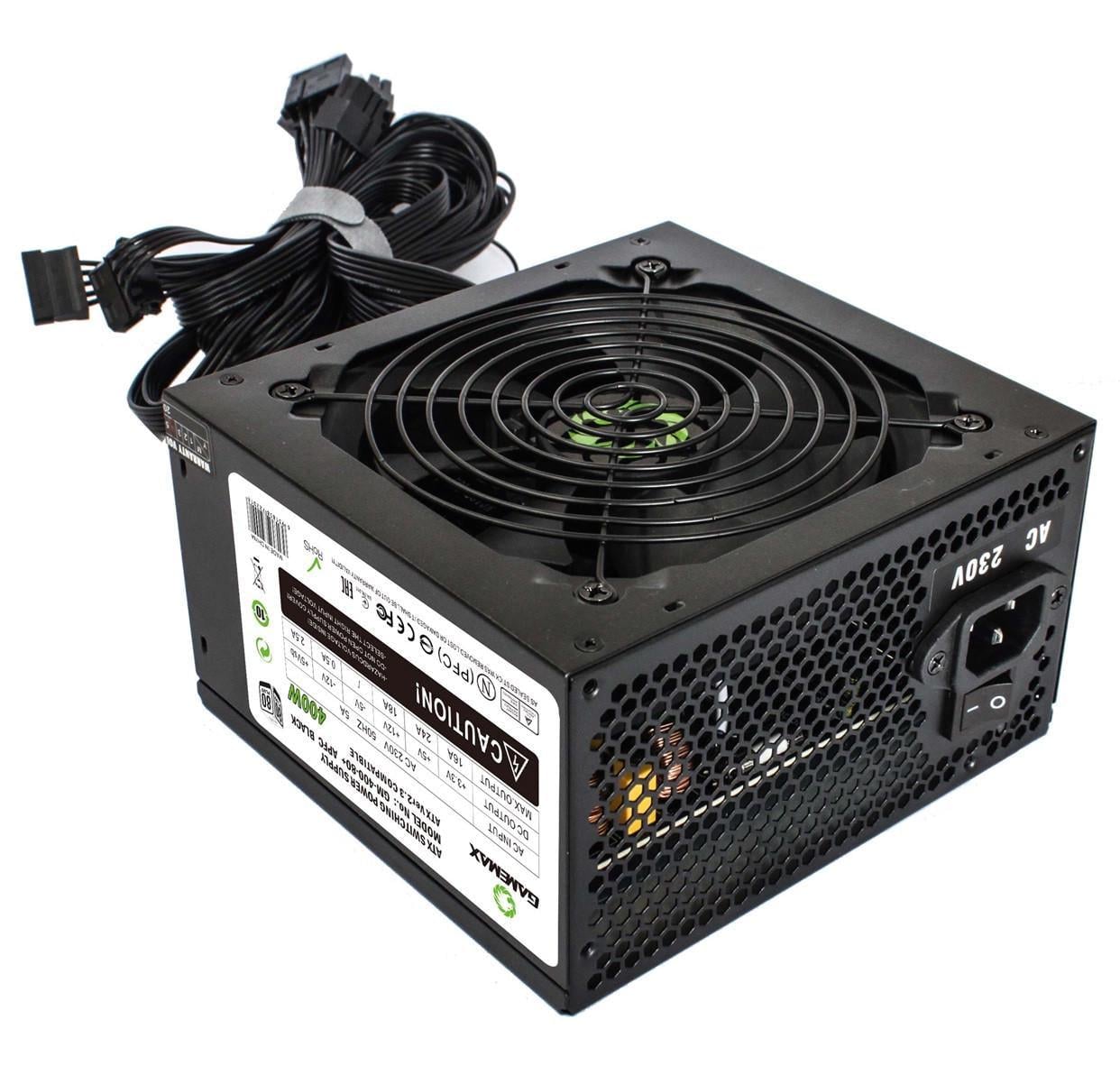 Блок питания 400 Вт, GameMax GM-400, черный, 80+ Basic, Active PFC, 12 см, 2xMolex / 3xSATA / 1x6-pin / 1x4+4-pin / 1x20+4-pin,
