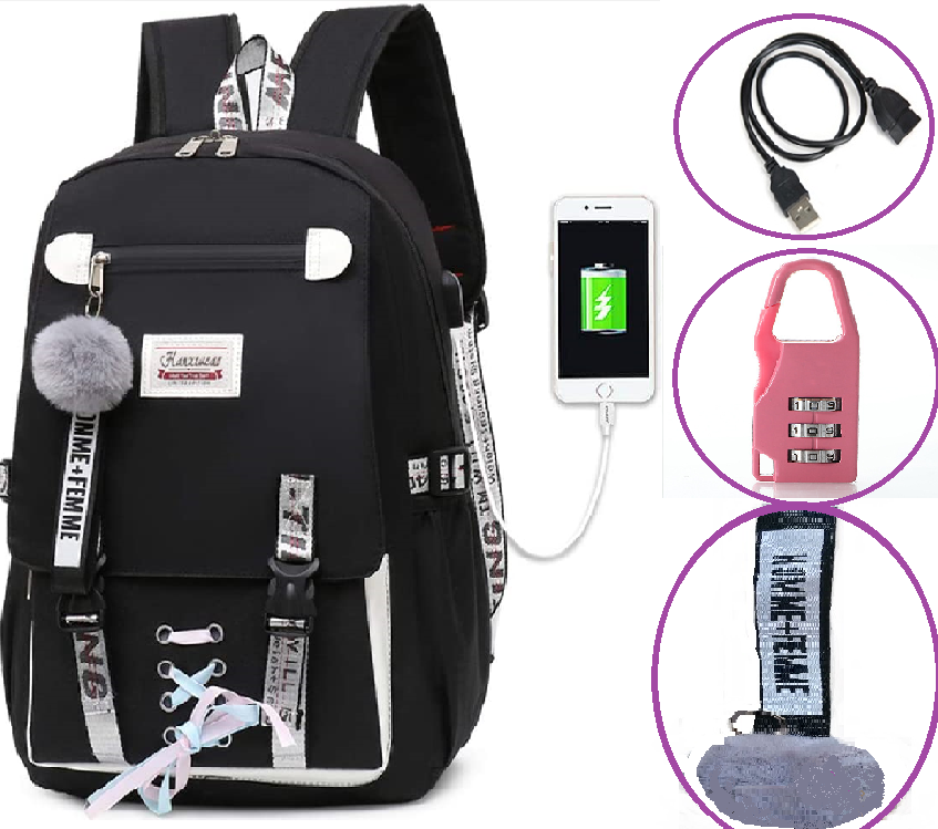 Шкільний рюкзак для дівчаток Harvard з USB портом/замочком і хутряним помпоном Чорний (1226011661) - фото 9 Шкільний рюкзак для дівчаток Harvard з USB портом/замочком і хутряним помпоном Чорний (1226011661) - фото 9