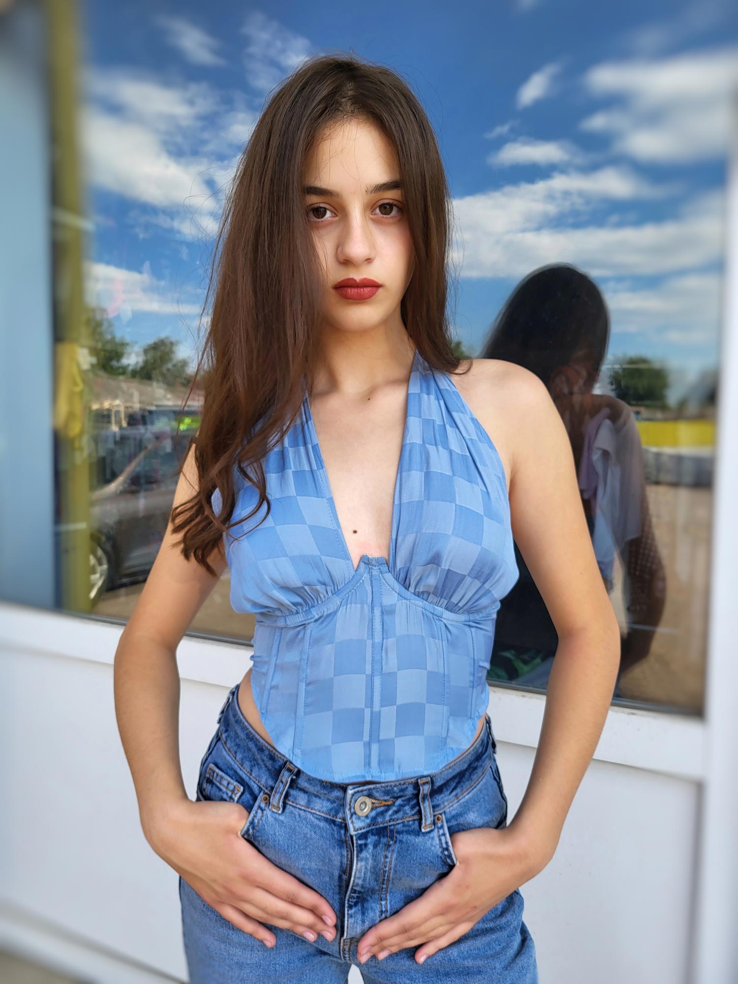 Топ женский с открытой спинкой в клеточку S Голубой (11247 42)