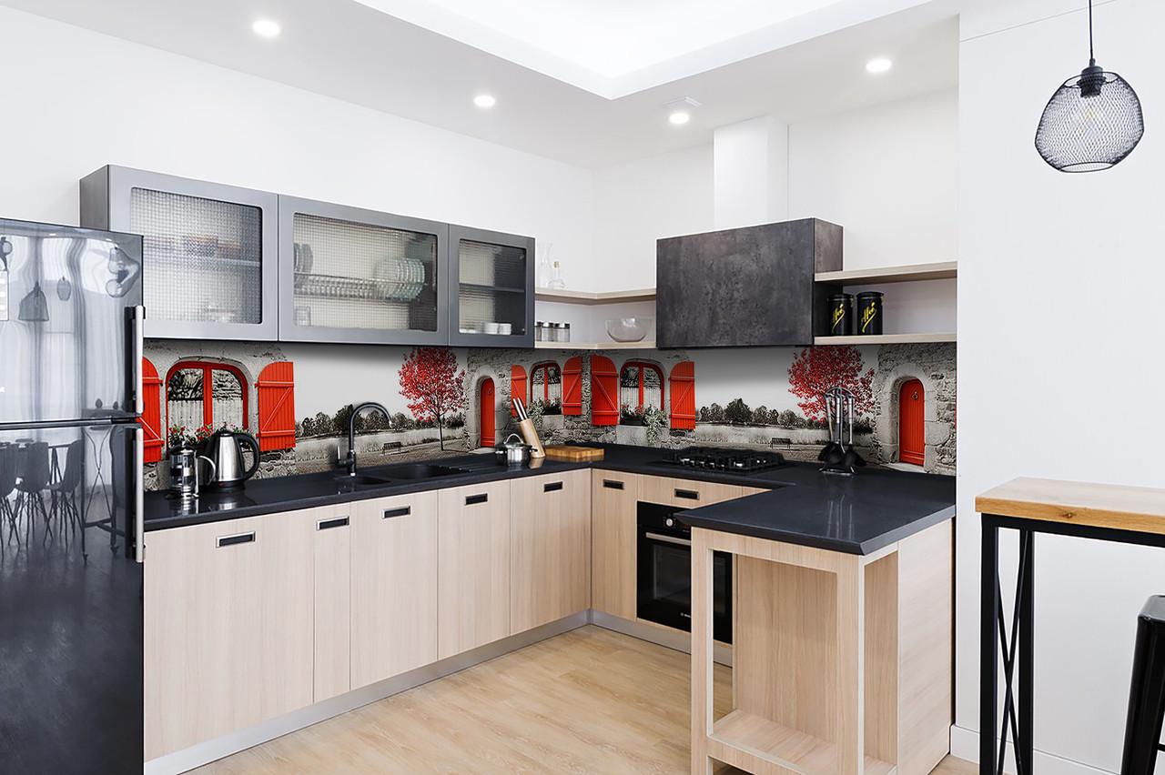 Кухонный фартук Красные акценты из самоклеющейся виниловой пленки 60х300 см Серый