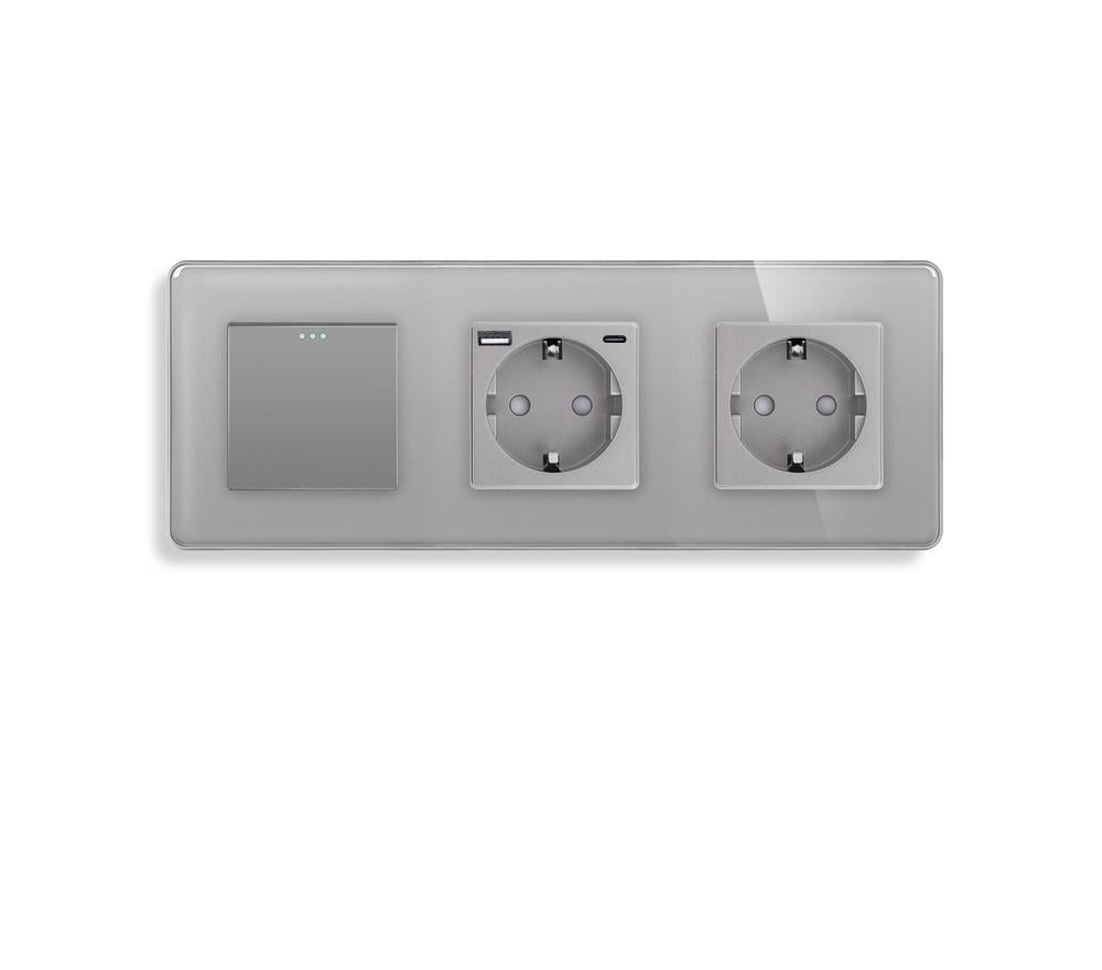 Выключатель перекрестный ELIOS с розеткой USB A+C 20Вт с заземлением/защитными шторками стекло Серый