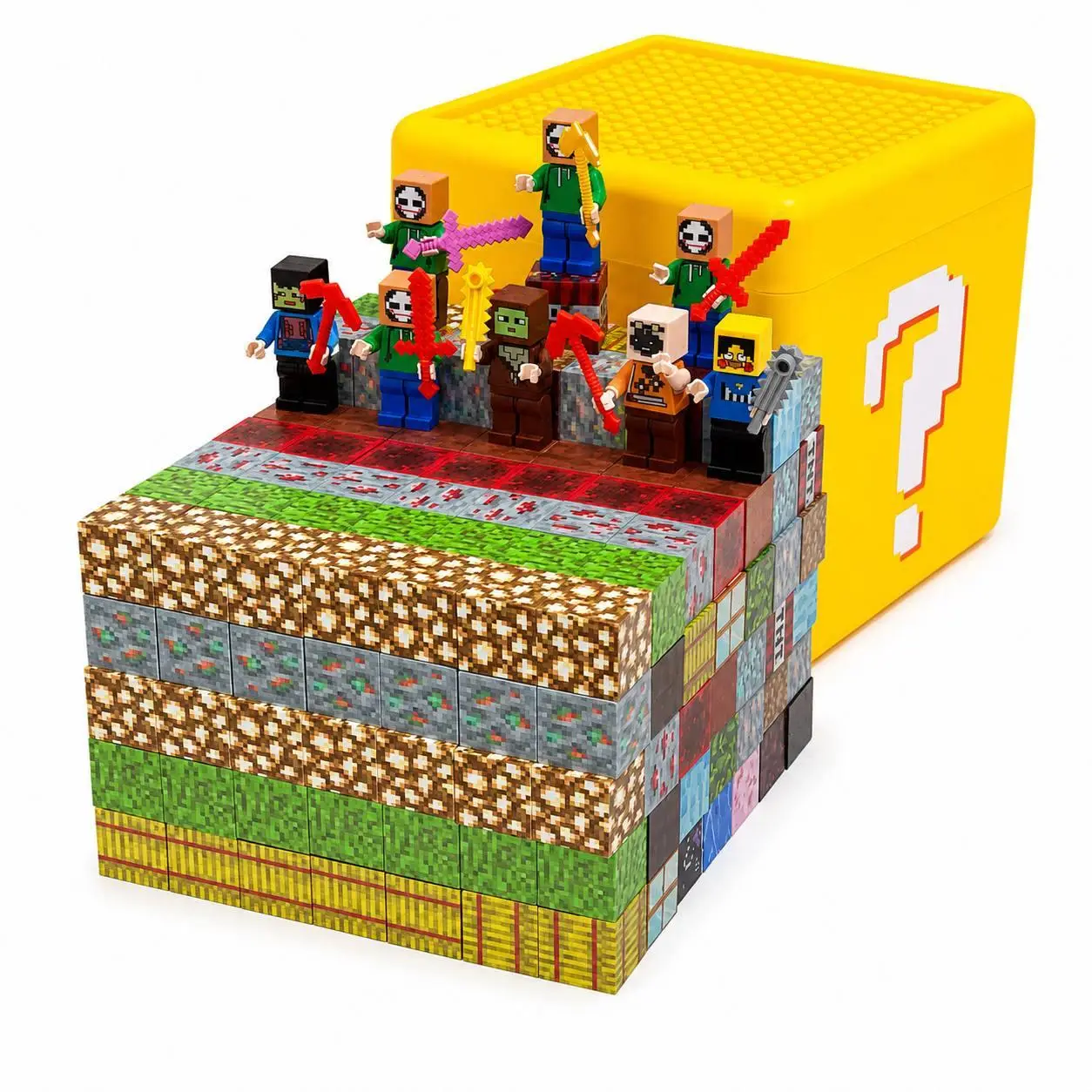 Конструктор магнитный детский Building World Lucky Block 8 игровых фигурок коробка с крышкой-платформой 260 эл. (M1112)