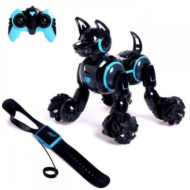 Интерактивная игрушка робот-собака Syrcar Stunt Dog 666-800A на радиоуправлении от браслета и пульта со звуком и светом Черный