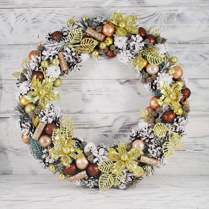 Венок новогодний 38 см Золотой/Бронзовый/Белый (4781997)