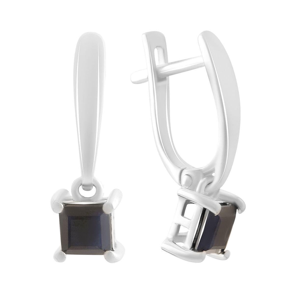 Серьги серебряные LoveR с натуральным сапфиром темно-синего цвета квадратной формы