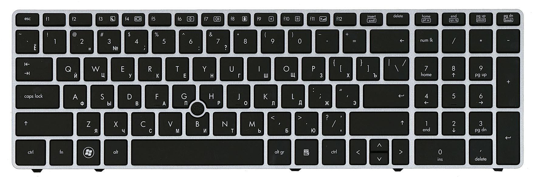 Клавиатура для ноутбука HP Probook 6560B Elitebook 8560P Point Stick Silver Frame Black