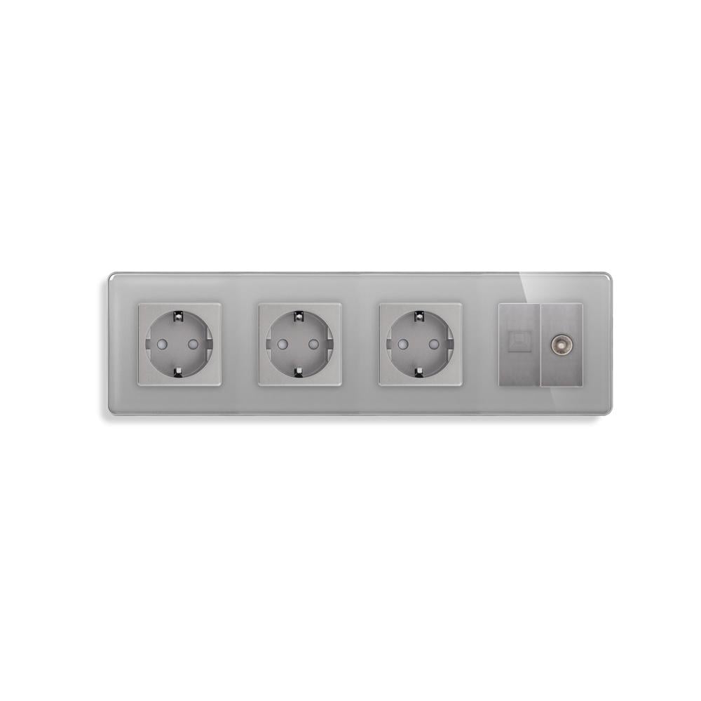 Розетка четырехместная ELIOS силовая/интернет RJ-45/ТВ настенная стеклянная рамка Серый (TW-M4FCAT6PTY-GY)