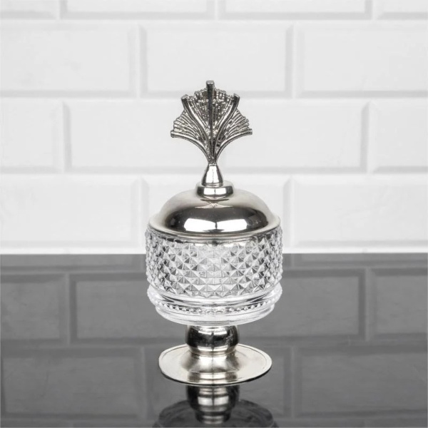 Ваза для сладостей/сахара/меда/икры с крышкой на ножке 11х8 см Серебряный (20G)