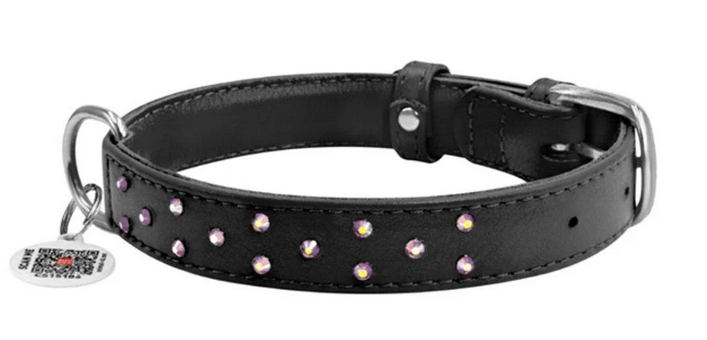 Ошейник для собак кожаный WAUDOG Glamour с QR паспортом с клеевыми стразами Ш 25 мм Дл 38-49 см Черный (Collar32791)