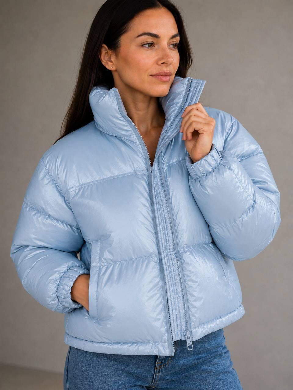 Куртка женская Lady Yep 10015 короткая глянцевая пуффер р. 44 Голубой (7679)