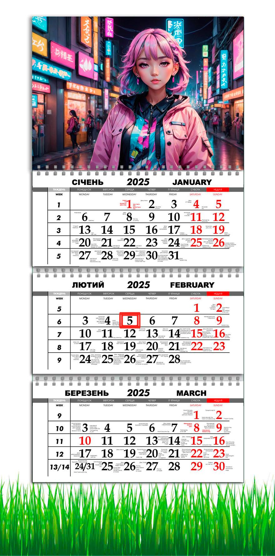 Календарь настенный квартальный на 2025 год APRIORI Аниме на 3 пружины 30х61 см (UA3049)