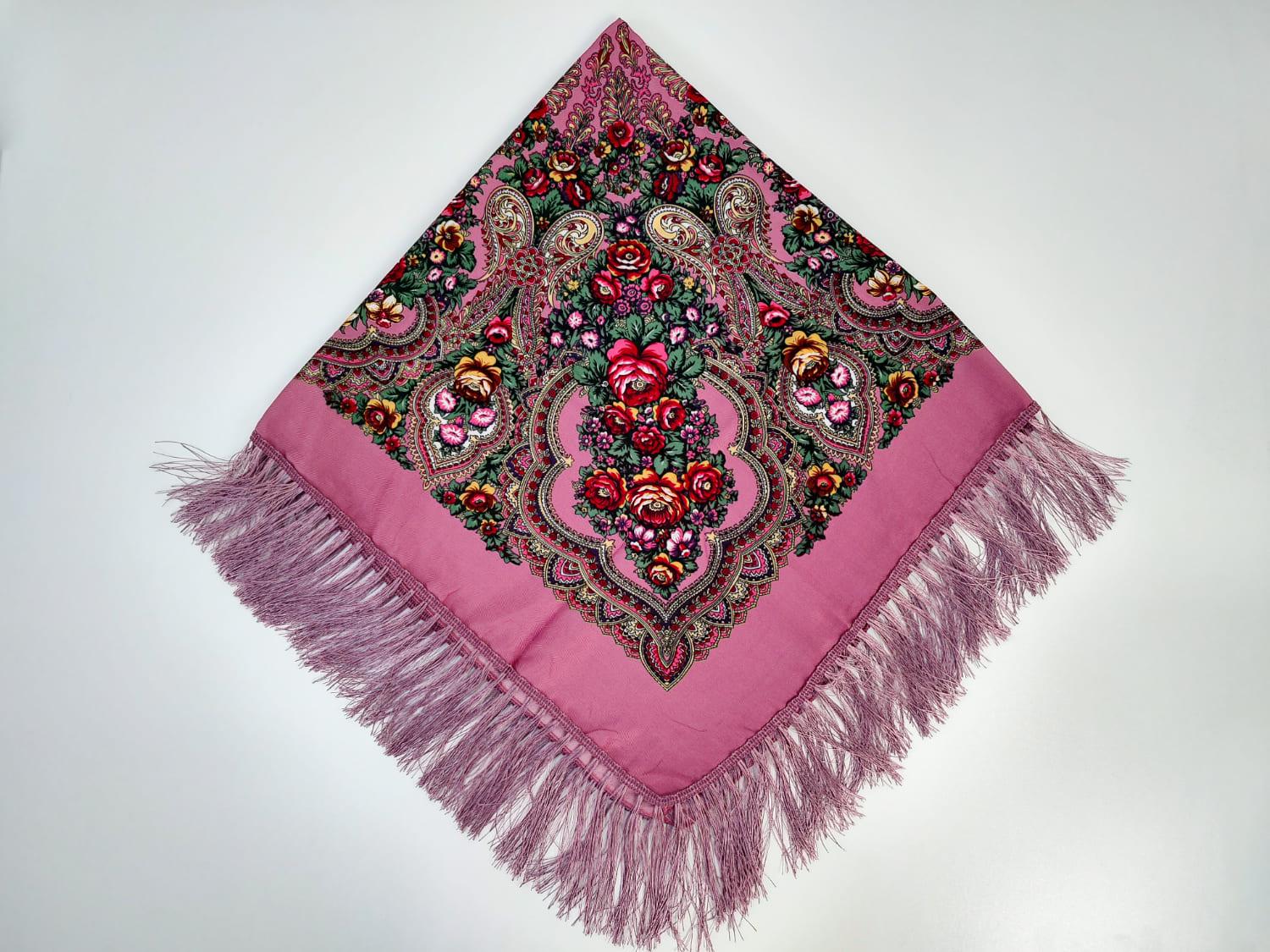 Платок в народном стиле Букет цветов 120х120 см Розовый М14 (29416879)