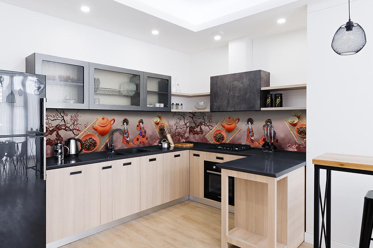 Кухонный фартук Гейши из самоклеющейся виниловой пленки 60х300 см Коричневый