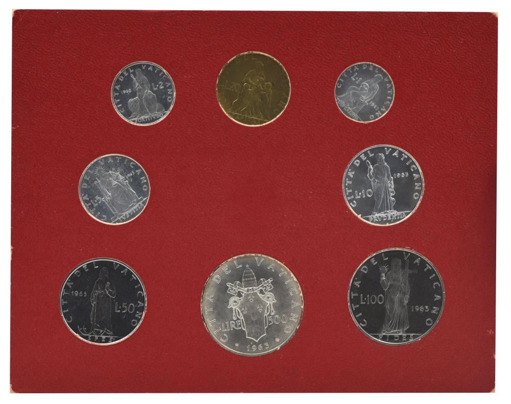 Коллекционные монеты Ватикан 8 шт. 1963 AU-UNC 1/2/5/10/20/50/100/500 серебро лир (М22383)
