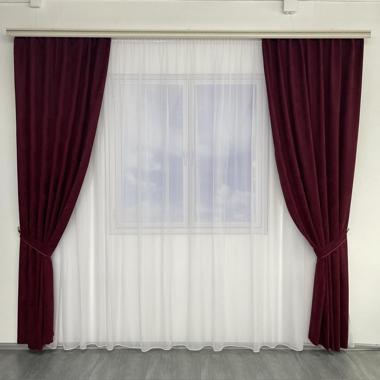 Шторы готовые однотонные из микровелюра с тюлем на тесьме Бордовый (SHTN-Petek-T-198)