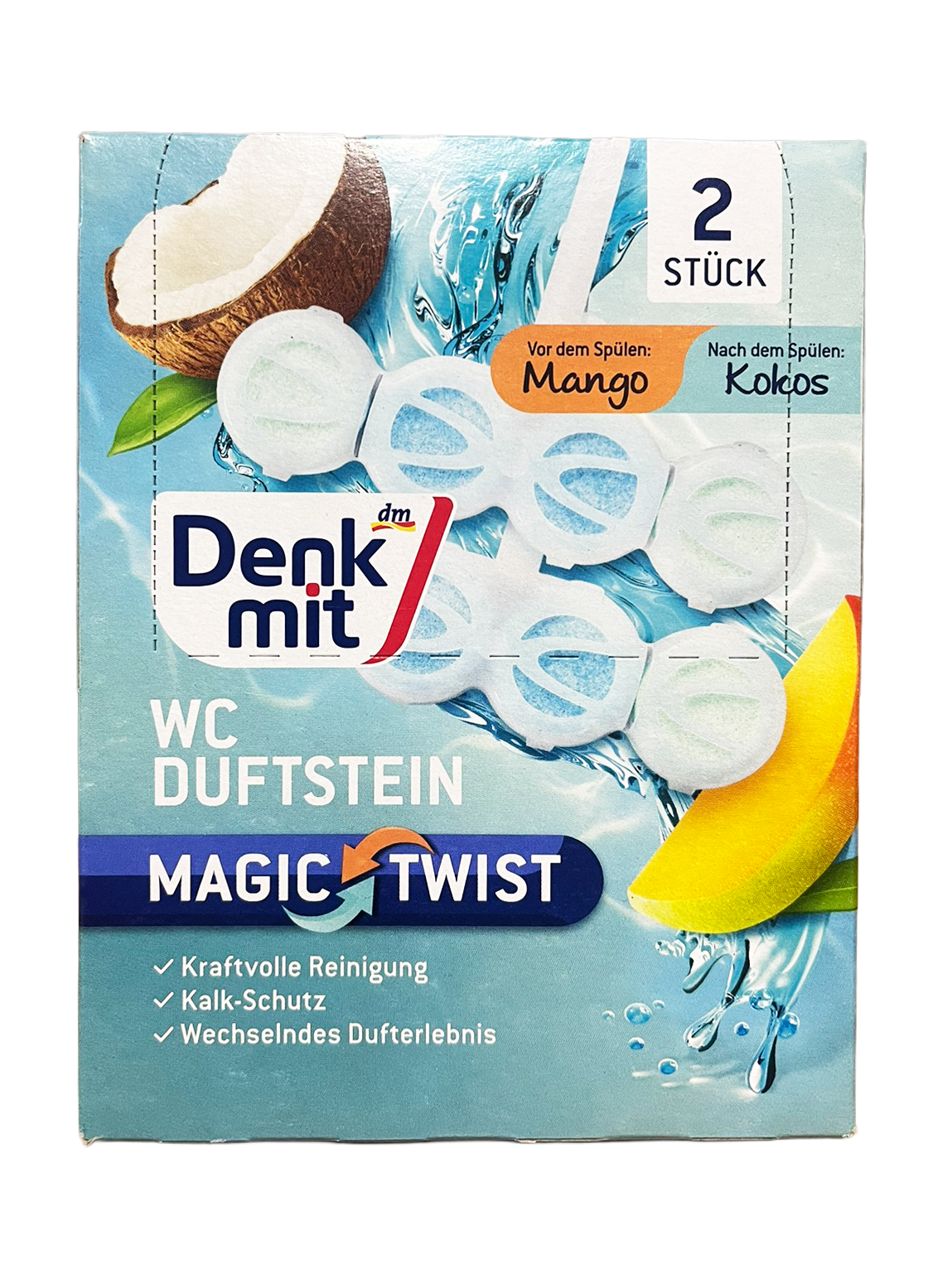 Блок для унитаза ароматический Denkmit WC Duftstein Magic Twist Манго/Кокос 2х48 г (133357)