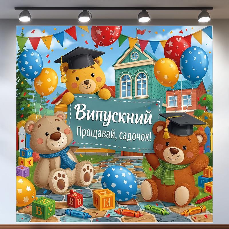 Баннер для фотозоны на выпускной в детском саду Мишки и праздничные флажки 200х200 см