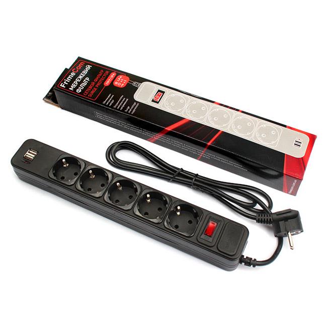 Фільтр мережевий FrimeCom FC-BU4005W 1.8 B 5 розеток/2 USB 10А 1,8 м Чорний (28606399) - фото 2