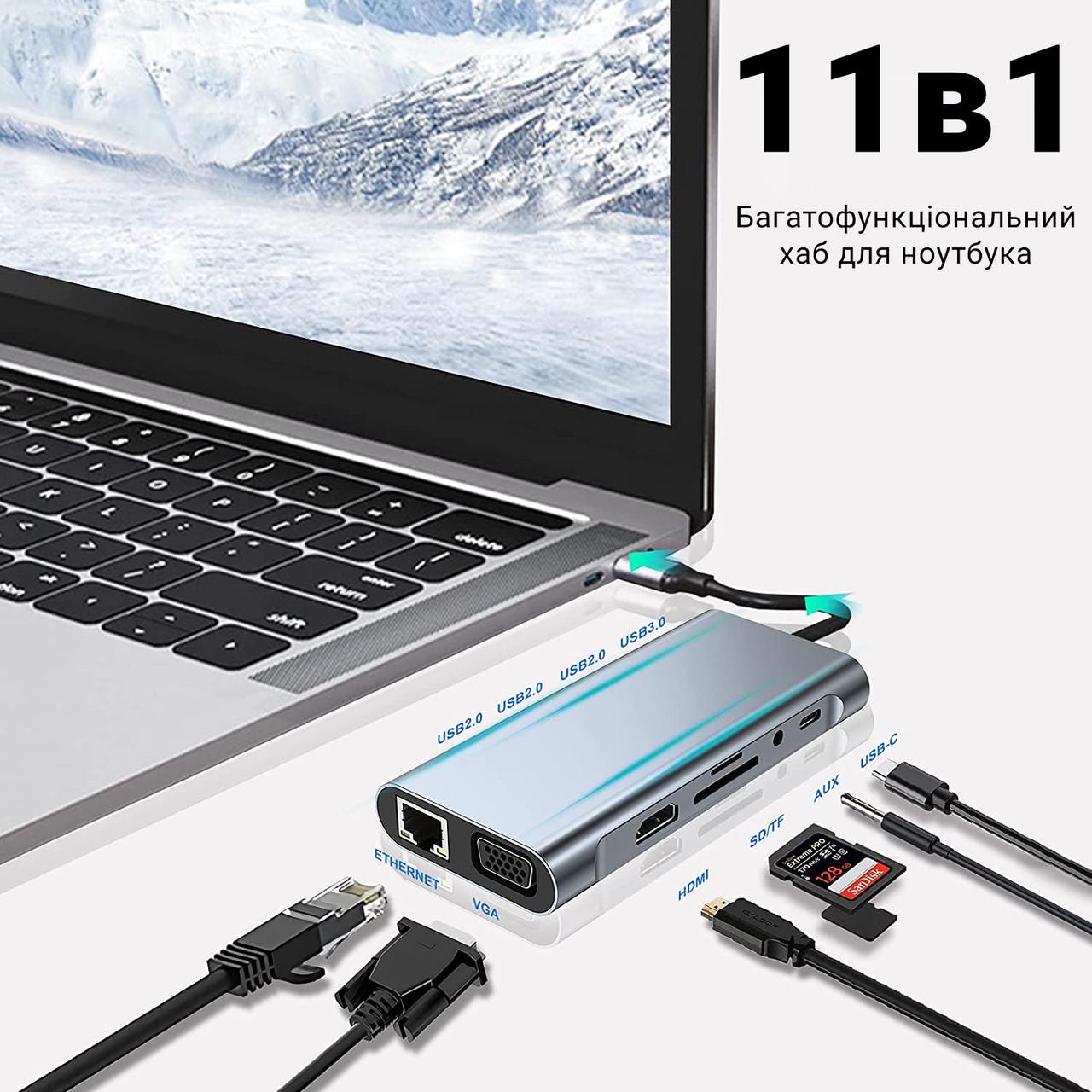 Разветвитель для ноутбука Type-C хаб Addap MH-13 многофункциональный 11в1 4xUSB 3.0/Type-C/HDMI/VGA/Ethernet/SD/MicroSD/3,5 мм - фото 6