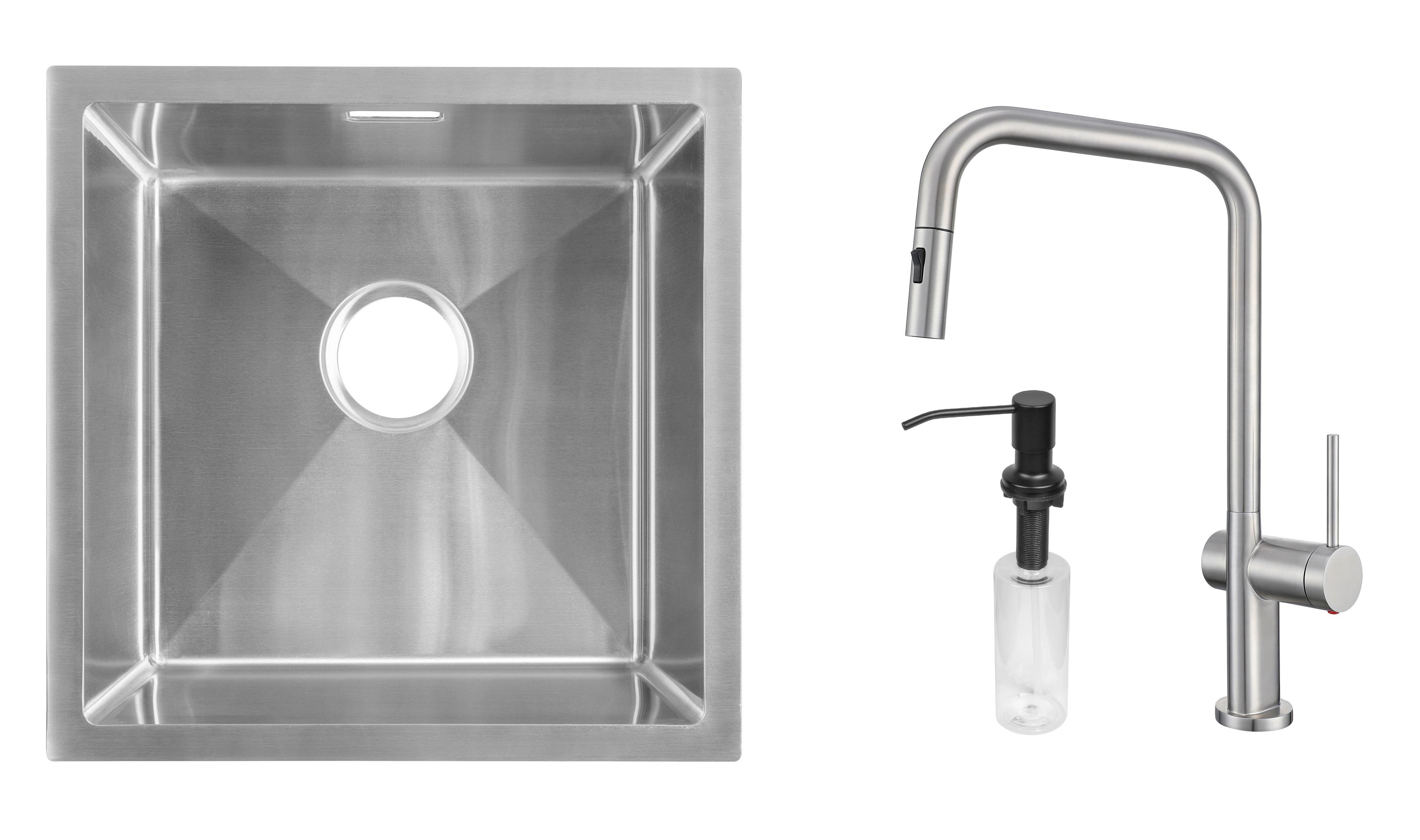 Комплект из кухонной мойки Gunter&Hauer Olef 4522 Inox кухонного смесителя Gunter&Hauer BRUNNEN Br и дозатора Gunter&Hauer SOAP DISPENSER Black