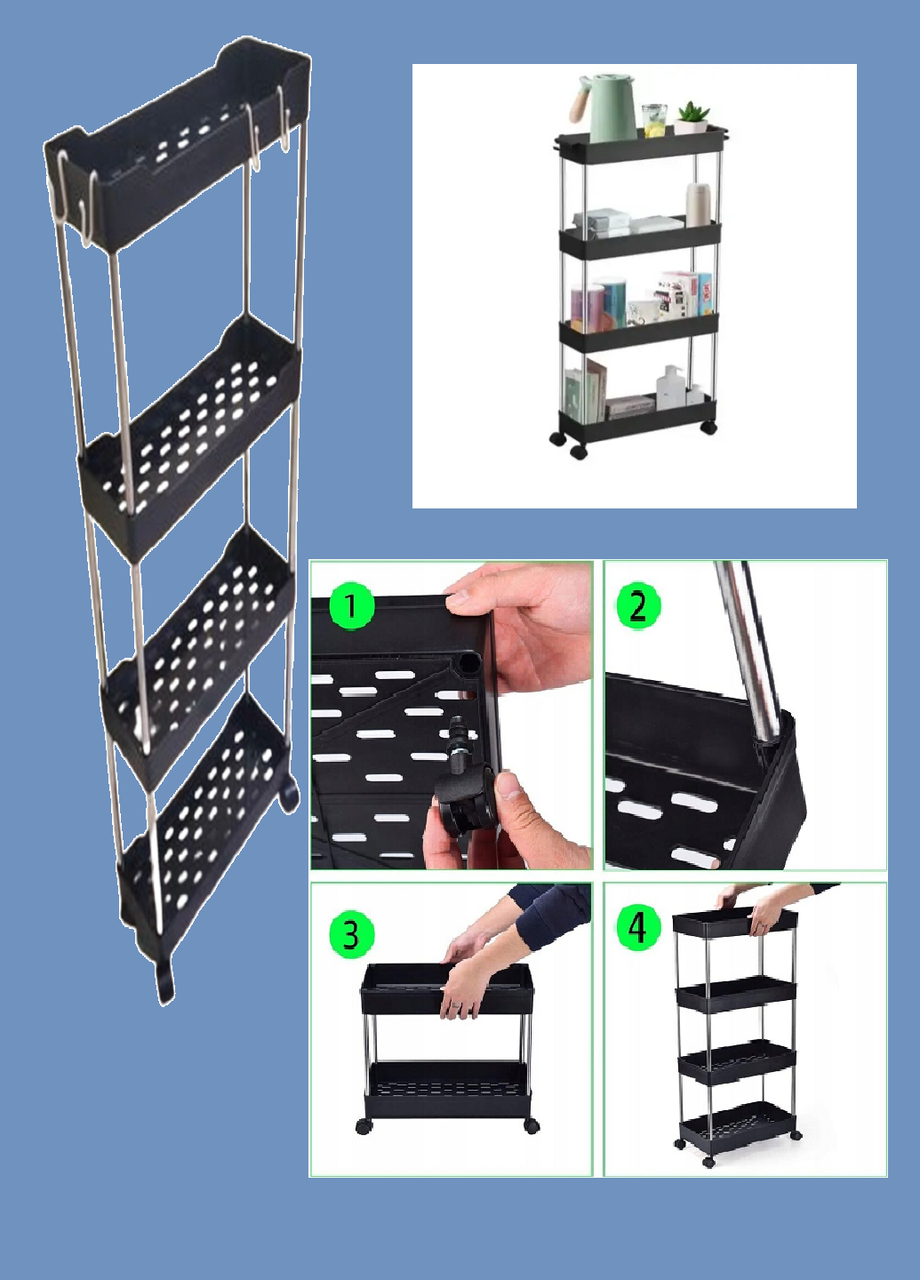 Этажерка на колесиках на колесах 4 яруса 85х35х13 см Черный (23864248) - фото 2 Этажерка на колесиках на колесах 4 яруса 85х35х13 см Черный (23864248) - фото 2