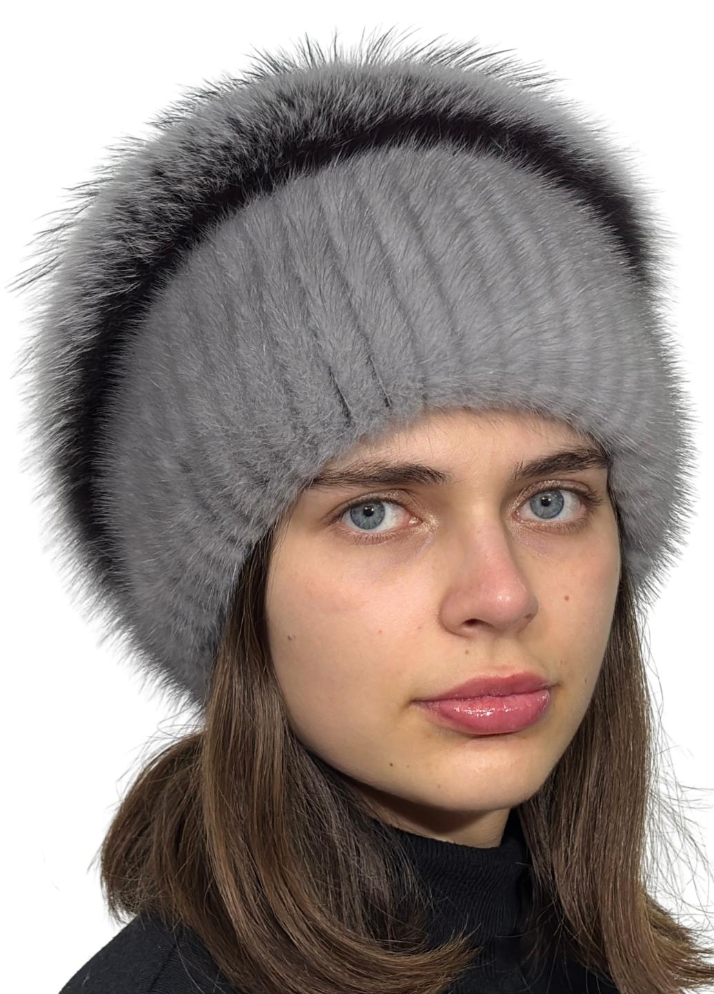 Шапка зимняя женская с помпоном Меховой стиль Улитка из вязаной норки XXS-S Сапфир (131/C/1)